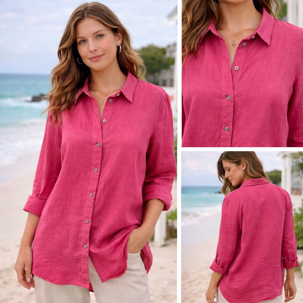 J.Jill 100% Linen‎ Button Up Shirt Pink Coral Tunic Top Long Sleeve Medium